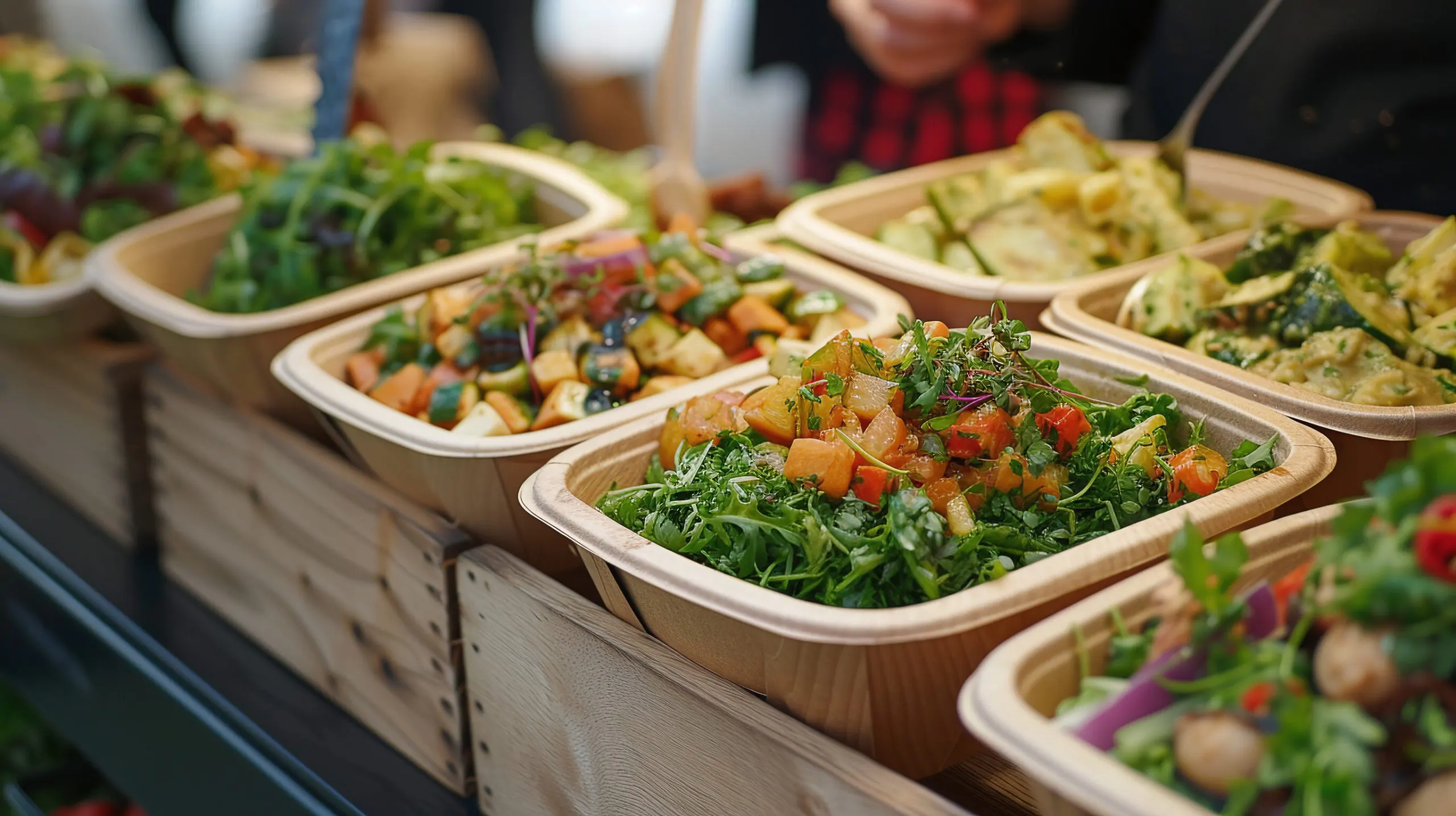 Diverse eco-friendly catering products including compostable plates and biodegradable containers in a modern restaurant setting