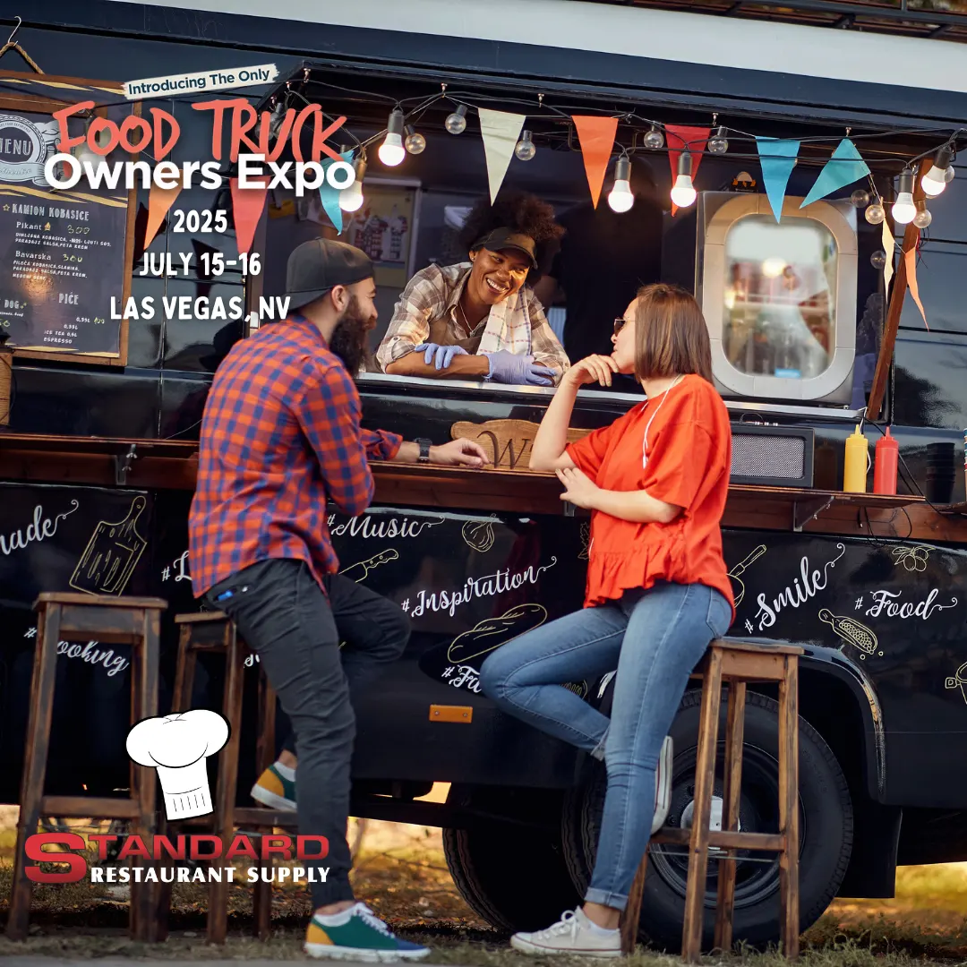 Food truck scene featuring a smiling vendor serving customers during the Food Truck Owners Expo 2025, July 15-16, at the Rio Hotel in Las Vegas, with Standard Restaurant Supply branding.